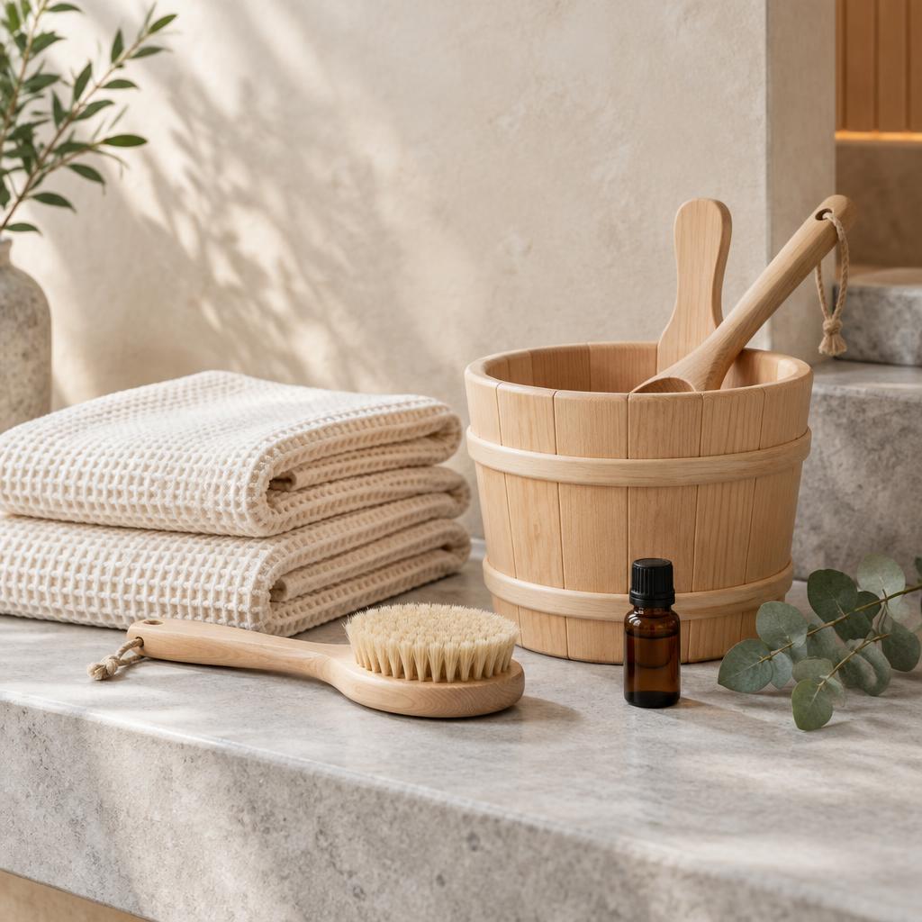 Sauna bucket, waffle towels, and wellness essentials